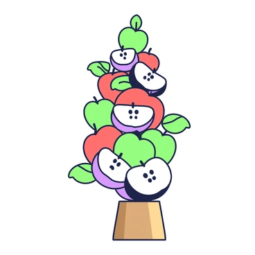 A sculpture made entirely from stacked and carved apples is presented on a wooden pedestal. The apples are arranged in various sizes, creating a flowing, organic form. Each apple is intricately carved, showcasing detailed patterns and textures on their surfaces. The red and green apples are layered to form a captivating visual contrast, while some apples are artfully sliced to reveal their inner parts. The sculpture has a rounded top and a tapered base, giving it an elegant silhouette. Small leaves are attached to some of the apples, enhancing the overall composition. The setting is minimal, drawing focus to the craftsmanship of the apple sculpture.