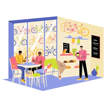 A unique bicycle shop with a colorful storefront featuring large glass windows displaying various bicycles. Inside, there are rows of shiny bikes in different colors and styles, along with bike accessories hanging on the walls. In one corner, a small café area is set up with cozy tables and chairs. Customers are seated at the tables, sipping coffee from "ceramic mugs" while enjoying pastries displayed on a counter. Warm light illuminates the café, creating a welcoming atmosphere. A chalkboard menu with "coffee specials" is visible on the wall behind the counter.