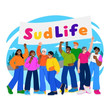 A group of diverse people standing together, each holding up a large "SudLife" banner high above their heads. The individuals vary in age, ethnicity, and gender, showcasing a vibrant mix of cultures and backgrounds. Their faces express joy and camaraderie as they gather for a common cause. The banner features bold, colorful lettering, with the word "SudLife" prominently displayed. In the background, there are hints of a community gathering, with trees and a clear blue sky, emphasizing a sense of togetherness and community care.