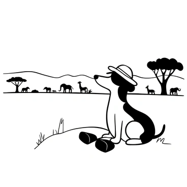 A dachshund with a safari hat sits attentively on a patch of grass, its body elongated and pose alert. In the background, there are silhouettes of acacia trees lining the horizon. Various wildlife can be seen grazing in the distance, including a group of elephants and a few giraffes. The landscape is expansive, with rolling plains that stretch far into the background. A pair of binoculars rests beside the dachshund, emphasizing its role as an observer in this vast wilderness.