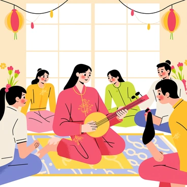 A Chinese girl with long black hair is seated on a colorful woven mat, playing a guzheng with a focused expression. She is wearing a traditional red dress adorned with delicate gold patterns. Surrounding her are friends and family members, sitting cross-legged with expressions of admiration and joy. The gathering takes place in a cozy, decorated space filled with hanging lanterns and vibrant floral arrangements. Soft, warm lighting creates a welcoming atmosphere, enhancing the sense of connection and enjoyment among everyone present as they listen intently.