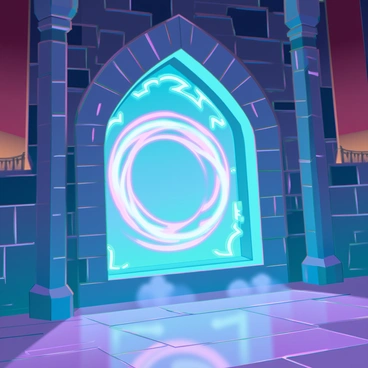 A grand castle interior features a glowing portal set within an intricately carved stone archway. The portal swirls with vibrant magical energy in shades of blue and purple, illuminating the surrounding walls with an ethereal light. The floor is made of polished marble, reflecting the colors emanating from the portal. Ancient tapestries hang on the stone walls, adding a touch of history to the scene. A faint mist hovers around the portal, hinting at the wonders that lie beyond it.