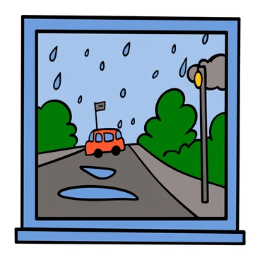A close-up of a window with raindrops trickling down the glass. The background shows a rainy street, with puddles forming on the asphalt. Soft grey clouds are visible in the sky, and the silhouettes of trees sway gently in the wind. The streetlights cast a warm glow through the rain, and the outlines of cars can be seen in the distance, creating a sense of solitude and calmness.