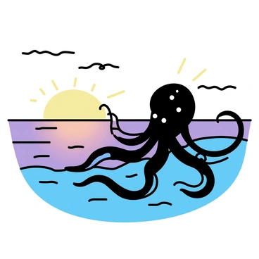 A kraken, depicted with long, flowing tentacles and a textured, dark body, is swimming near the surface of the ocean. The water is rippling gently around it, reflecting the colors of the sunset. The horizon is filled with shades of orange and purple, casting a warm glow over the scene. The sky above is clear, with a few scattered clouds catching the last light of day.