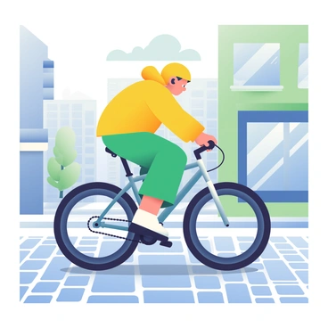 A cyclist is riding a hybrid bike along a wet city street. The cyclist is wearing a bright yellow raincoat with the hood up, and their pants are slightly splashed with water droplets. The bike has a sleek design, featuring a shiny frame and thick tires suitable for various terrains. Puddles are forming on the cobblestone pavement, reflecting the cloudy sky above. Various buildings with large windows line the street, some showing signs of rain streaks. The cyclist is focused, leaning slightly forward as they pedal steadily through the damp environment.