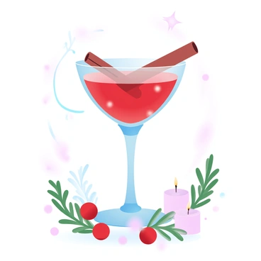A coupe glass is filled with a vibrant cranberry cocktail, the liquid shimmering against the soft lighting. A cinnamon stick is elegantly resting on the rim of the glass, adding a touch of festive decor. Surrounding the glass are delicate sprigs of fresh rosemary and scattered cranberries, enhancing the holiday theme. In the background, a subtle arrangement of twinkling lights and glowing candles adds warmth to the scene.