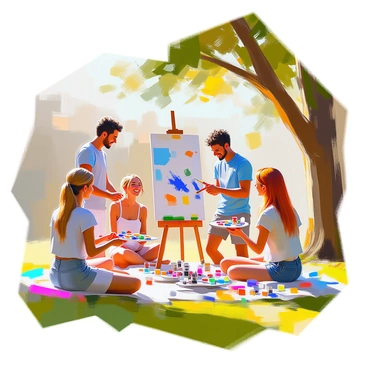 A group of four friends, two men and two women, are painting together in a sunny backyard filled with greenery. The first man has short brown hair and is wearing a blue t-shirt, holding a paintbrush while leaning over a canvas. The second man, with curly black hair, is standing nearby, laughing with a palette in his hand, splashes of color on his shirt. One woman has long blonde hair tied back and is sitting on the grass, her canvas placed in front of her, focused on her artwork. The other woman, with medium-length red hair, is sharing ideas enthusiastically. Sunlight filters through the leaves of a tall tree, casting playful shadows on the ground while colorful paint tubes are scattered around them.