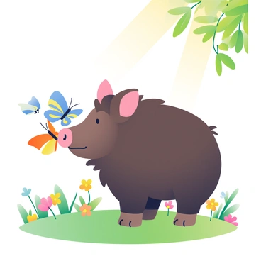 A curious wild boar with a dark brown coat is sniffing at a cluster of colorful butterflies fluttering around him. The butterflies display vibrant patterns in shades of blue, yellow, and orange, contrasting with the boar's rough fur. The boar has its snout pointed towards the butterflies, with its ears perked up in curiosity. Surrounding them is a lush green field dotted with wildflowers, providing a vibrant backdrop for this interaction. Sunlight filters through the leaves above, casting a warm glow over the scene.