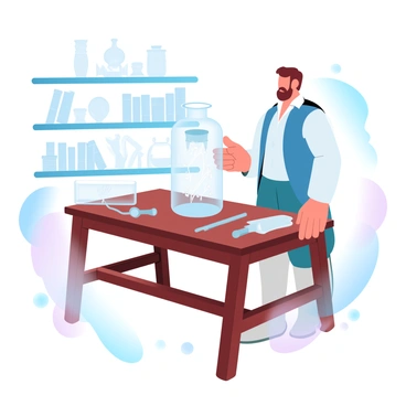 A man in a historical outfit, complete with a waistcoat and knee breeches, is engaged in an electricity experiment. He is standing at a wooden table that holds a Leyden jar. The Leyden jar is prominently displayed, showcasing its glass structure with metal foil. Various pieces of scientific equipment, including wires and a metal rod, are scattered across the table. In the background, there are shelves filled with books and additional scientific instruments. A soft glow emanates from the jar, hinting at the electricity being harnessed.
