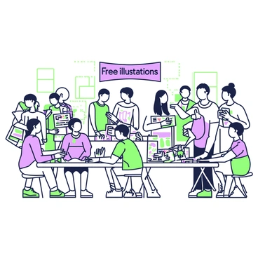 A friendly barter event is taking place in a spacious room filled with artists. Several tables are arranged in a circular formation, each covered with colorful, free illustrations created by various artists. On one table, a group of three artists is animatedly discussing their work, sharing ideas while examining each other's illustrations. Another table features a single artist carefully organizing their collection, showcasing vibrant sketches and detailed designs. In the background, more artists are gathered in small groups, exchanging their illustrations and chatting enthusiastically. The atmosphere is lively, with a sense of collaboration and creativity in the air. "Free illustrations" is prominently displayed on a banner hanging above the event.