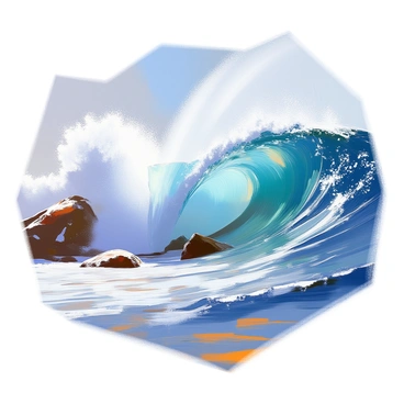 A dynamic ocean wave scene featuring a large wave curling with powerful momentum, crashing onto a rocky shore. The surf creates an explosion of white foam and sea spray, filling the air with droplets of water. The deep blue of the ocean contrasts with the foamy white of the surf, capturing the energy and movement of the waves. In the background, a hint of sunlight reflects off the water, enhancing the vibrancy of the scene.