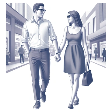 A stylish couple walking hand in hand through a bustling urban street. The man, wearing a well-fitted Gant shirt and tailored trousers, has a confident posture. He accessorizes with a sleek leather watch and fashionable sneakers. The woman, dressed in a Gant dress with a contemporary silhouette, carries a chic handbag and sports elegant sunglasses. They are surrounded by a lively cityscape, with storefronts and pedestrians in the background, capturing a sense of exploration and urban adventure.