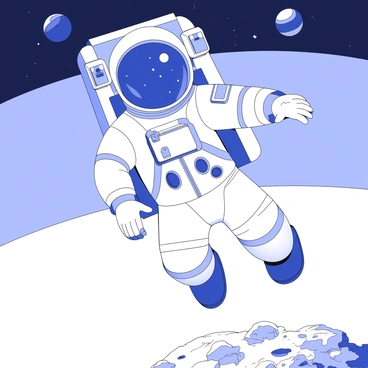 An astronaut is floating in space, preparing for landing on a new celestial body. The astronaut is wearing a detailed space suit with a clear visor reflecting distant stars. The helmet has a communication device on the side, and the suit features intricate patches and equipment pockets. Below the astronaut, a textured surface of the celestial body is visible, showing rocky formations and craters. In the background, a gradient of celestial bodies can be seen, adding depth to the scene. The astronaut's posture conveys a sense of anticipation as they look down at the surface below.