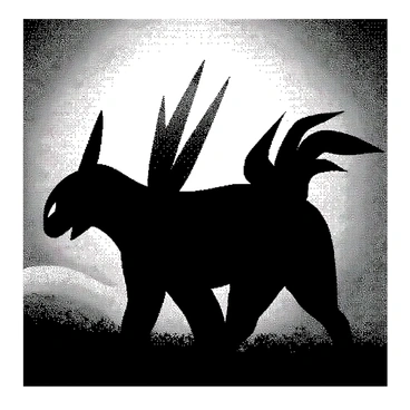 A rare Pokémon is positioned prominently in the foreground, its distinctive features outlined in sharp relief. The silhouette displays intricate shapes and dynamic postures, capturing its unique attributes. In the background, a brilliant sunset sky radiates with a gradient of light, creating a stark contrast with the Pokémon's dark form. The sun is partially hidden, casting long shadows and enhancing the visual drama of the scene. The overall composition emphasizes the Pokémon's significance against the expansive and vibrant sky.