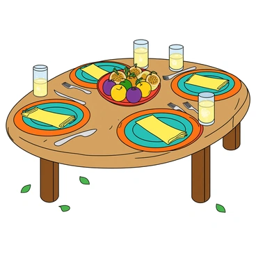 A wooden table set outdoors under bright sunlight. In the center of the table, there is a round, vibrant centerpiece featuring a collection of fresh passion fruits, their yellow and purple skins glistening. Surrounding the centerpiece are colorful plates in shades of turquoise and orange. Each plate is neatly arranged with a matching fork and knife on either side. There are bright yellow napkins folded elegantly next to the plates. On the table, there are also tall, clear glasses filled with ice-cold lemonade, condensation beading on the outside. A light breeze ruffles through a few small green leaves scattered around the table setting.