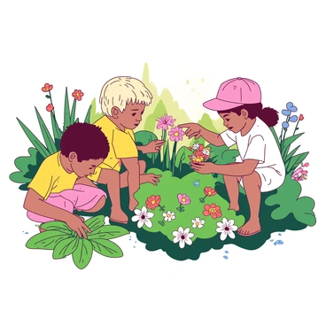 A group of children is playing and exploring in a colorful fynbos area. One child, wearing a yellow shirt, is crouched down examining a cluster of green leaves, while another child in a pink hat is pointing excitedly at a small insect on a flower. Nearby, a third child is carefully collecting a handful of vibrant wildflowers, their bright colors contrasting with the green of the fynbos. The sunlight filters through the plants, creating a warm ambiance as the children discover the diverse life around them.