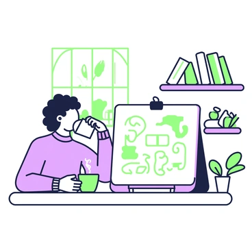 An artist is sitting at a small table in a cozy café, sipping coffee from a mug. The artist has curly hair and is wearing a comfortable sweater. In front of them, there is a 1/8 illustration board on which they are sketching. The sketch features outlines of various shapes and designs. A steaming coffee mug sits to the side of the board. In the background, there are shelves filled with books and small plants, creating a warm atmosphere. Soft light filters in through a window nearby, illuminating the artist's workspace.