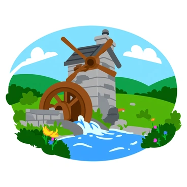 A historical watermill made of weathered wood and stone, with a large wooden waterwheel turning vigorously in motion. The waterwheel is partially submerged in a flowing stream, creating splashes of water as it rotates. Lush greenery surrounds the mill, with vibrant wildflowers blooming nearby. In the background, there are rolling hills under a clear blue sky, enhancing the picturesque scene. The sun casts soft shadows, adding depth to the structure of the watermill.