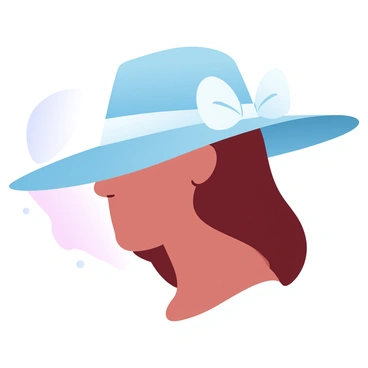 A person is shown in a side profile, wearing a large, elegant sun hat that has a wide brim. The hat is adorned with a delicate ribbon that wraps around its base. The person's hair flows down the back, partially visible beneath the hat. The background features soft, gradient pastel colors that complement the overall composition. The hat casts a subtle shadow on the neck area, enhancing the silhouette.