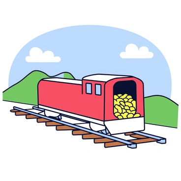 A 1950s grain hopper train car is positioned on a set of railway tracks. The train car features a streamlined design with a bright red exterior and white accents. The hopper doors are slightly ajar, showcasing golden grains spilling out. Surrounding the train car are wooden railroad ties and steel tracks, creating a clear perspective of the scene. In the background, there are simple green hills under a blue sky with fluffy white clouds.