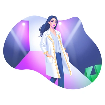 A chic runway model is walking confidently down a runway while wearing a stylish, designer lab coat. The lab coat is white with intricate, gold embroidery along the edges and features a tailored fit that accentuates the model's figure. The model's hair is sleek and styled elegantly, complementing the high-fashion look. She is wearing bold, statement makeup with a focus on dramatic eyes. In the background, there are bright lights illuminating the runway, enhancing the atmosphere of a high-end fashion show.