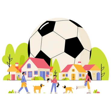 A gigantic soccer ball sits prominently in the center of a tiny village. The soccer ball is white with black patches, its size dwarfing the quaint, colorful houses surrounding it. The village features small cottages with thatched roofs and flower gardens in front. In the foreground, villagers can be seen gazing up at the massive soccer ball, with expressions of surprise and wonder. Some children are playing near the ball, attempting to kick its surface, while a few animals wander curiously around the scene. Lush green trees and hills frame the background, completing the vibrant village atmosphere.