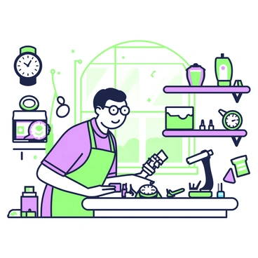 A watchmaker with glasses is focused on changing the battery of a wristwatch on a workbench. He is wearing an apron and has various tools scattered around him, including a small screwdriver and tweezers. The watch he is working on is partially disassembled, with the back cover removed. Surrounding him are shelves filled with various timepieces including vintage clocks and modern wristwatches. Some clocks have intricate designs, while others are more minimalistic. Light filters through a window, illuminating dust motes in the air and creating a warm atmosphere in the quaint shop.