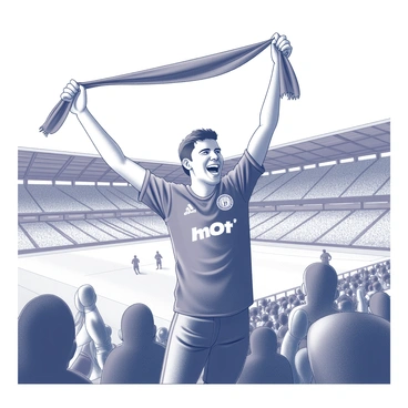 A person stands in a crowded stadium, surrounded by other fans. They are wearing a team jersey and holding a scarf above their head, waving it energetically. The fan has an expression of excitement and joy, showing their enthusiasm for the game. The background features rows of spectators, some also cheering and holding scarves, while the grandstands of Old Trafford are visible. The atmosphere is lively with the action of a football match occurring on the field in the distance.