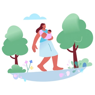 A mother is gently carrying her baby in a "colorful sling" as she walks through a park. The mother has long hair tied back in a loose ponytail. She is dressed in a light, flowing dress that complements the vibrant colors of the sling. The baby is snugly wrapped and covered with a soft blanket. Surrounding them are green trees with lush foliage and colorful flowers blooming along the path. A small patch of clear blue sky can be seen above, adding to the cheerful atmosphere of the park.