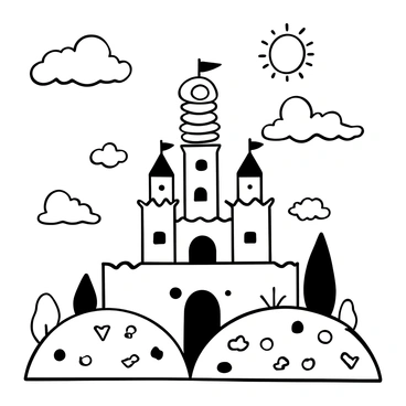 A whimsical castle made entirely of fluffy clouds, with towers formed by golden fried eggs stacked high. The castle walls are soft and billowy, creating a dreamlike ambiance. Surrounding the castle are large fluffy clouds that float gently in the sky. Below, a landscape of rolling hills made of various breakfast foods creates a surreal setting. A sunny backdrop illuminates the scene, enhancing the fantastical elements throughout.
