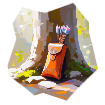 A leather quiver, adorned with intricate carvings and patterns, is filled with ornate ancient arrows. The quiver is sitting upright, leaning against the rough bark of a tall tree with moss growing at its base. The arrows feature detailed fletching and metal tips, glinting softly in the light. Sunlight filters through the tree's leaves, casting dappled shadows on the ground around the quiver. The setting is serene, surrounded by a lush forest filled with greenery.