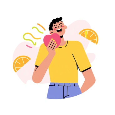 A person with a joyful expression tasting a bright red apple. As they take a bite, vibrant colors burst around them, each color symbolizing a different flavor. There are swirling orange hues representing sweetness, zesty yellow tones illustrating citrus, refreshing green shades for tartness, and deep purple shades for richness. The background features soft, playful shapes to enhance the sense of vibrant flavor experience.