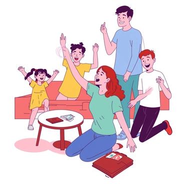 A red-haired mother is kneeling on the floor, a surprised expression on her face as she holds up a shiny coin in her right hand. Surrounding her are three excited family members: a tall father with short brown hair, wearing a blue shirt, who is reaching out to embrace her, a young girl with pigtails in a yellow dress, jumping with joy, and a teenage boy in a white t-shirt, smiling broadly while clapping his hands. In the background, there is a brown wallet on a coffee table, slightly open, revealing some cards and loose change. The family's happiness is evident as they share this joyful moment together.