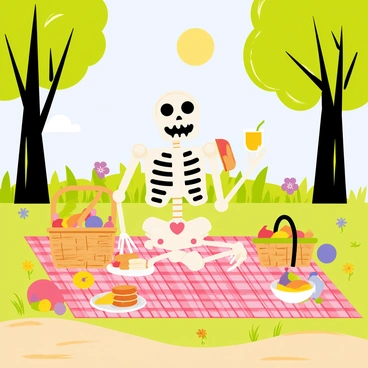 A lively skeleton, depicted with a cheerful expression, is seated on a red-and-white checkered picnic blanket in a vibrant park. The skeleton is holding a sandwich in one hand and a brightly colored drink in the other. Surrounding the skeleton are various picnic items, including a basket filled with fruits, a plate of cookies, and a colorful fruit salad. Green grass and colorful flowers cover the ground, while tall trees with lush green leaves provide shade in the background. A clear blue sky with a shining sun adds to the cheerful atmosphere of the picnic scene.