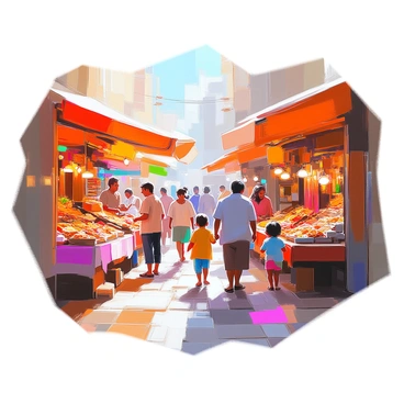 A bustling marketplace filled with vibrant energy, where vendors from various cultures are selling an array of food and crafts. Colorful stalls are adorned with bright fabrics, showcasing handmade jewelry, pottery, and textiles. The air is fragrant with the smell of spices, fresh fruits, and baked goods. People of diverse backgrounds are interacting, some sampling delicious street food while others browse unique crafts. The scene is alive with activity, as children play nearby and shoppers haggle over prices. Sunlight filters through the stalls, casting playful shadows on the cobblestone ground.