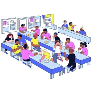 A school cafeteria filled with students seated at long, rectangular tables. Some students are happily chatting while others are focused on their meals. There are trays of food, including sandwiches, fruits, and drinks placed on the tables. The walls are decorated with colorful posters. A serving counter is visible in the background with staff serving food.