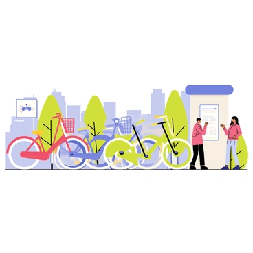 A row of bicycles in various bright colors, including red, blue, green, and yellow, arranged neatly at a public bike rental station. Each bike features a sleek design with a large front basket and comfortable seat. The rental station has a sign with clear instructions on how to rent a bike. There are metal racks that hold the bikes upright, and a few people nearby are looking at the options available. The background includes a cityscape with buildings and trees, suggesting an urban environment.