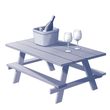 A picnic table made of wood is set outdoors. On top of the table, there is a woven basket. Inside the basket, a bottle of wine stands upright, next to a corkscrew. Positioned beside the basket are two wine glasses, each with a delicate stem and a wide bowl. The scene conveys a sense of preparation for a meal outdoors, inviting and ready for enjoyment.