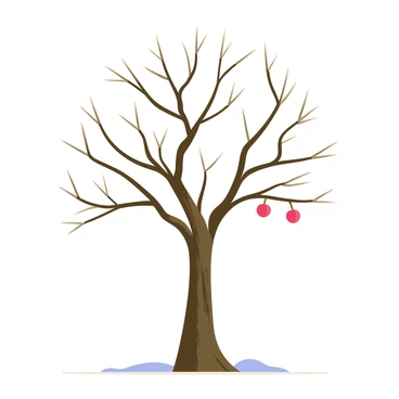 A bare apple tree with twisted branches reaching outward. The tree is covered in a light layer of frost, giving it a shimmering appearance. A few frozen apples, bright red in color, hang delicately from the branches. The ground is lightly dusted with snow, contrasting against the dark brown bark of the tree. A clear blue sky is visible in the background, enhancing the scene's crisp winter atmosphere.
