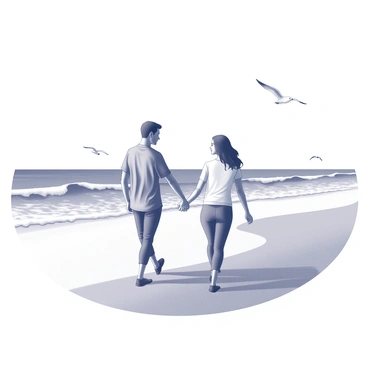 A couple walking hand in hand along a beach, with waves gently crashing in the background.