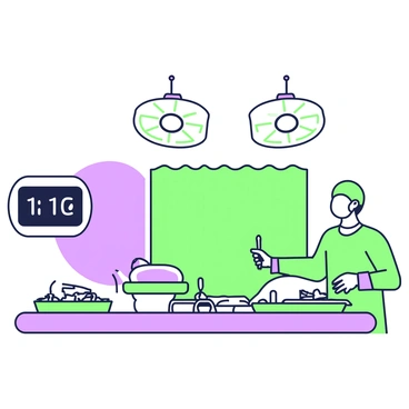A surgeon in sterile attire is standing at an operating table in an operating room. The surgeon is wearing a green surgical gown, a mask, and surgical gloves while holding a scalpel in their right hand. Surrounding the operating table, there are various surgical instruments neatly arranged on a green tray. Above, bright lights illuminate the scene, casting clear reflections on the shiny surfaces of the instruments. A monitor displaying vital signs is positioned to the side, showing numerical data. In the background, surgical lights hang from the ceiling, and there is a green privacy curtain partially drawn, creating a focused environment for the operation.