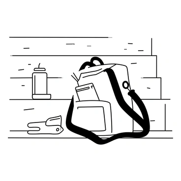 A school bag resting on wooden gym bleachers. The bag is unzipped slightly, revealing notebooks and a pencil case inside. Next to the bag is a plastic water bottle standing upright, with a small towel folded beside it. The bleachers have visible grain patterns and a few scratches from use. The overall scene is simple and focused on the items arranged on the bleachers.