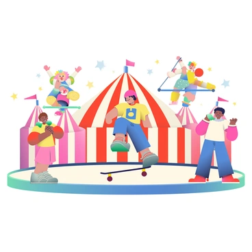 A mini skateboarder with short brown hair is performing tricks on a small skateboard in the center of a colorful circus ring. He is wearing a bright red helmet and a yellow t-shirt with a blue design. Surrounding him are acrobats dressed in vibrant costumes, gracefully posing in mid-air as they balance on a trapeze. Clowns with colorful wigs and oversized shoes are cheering from the sidelines, one holding a red balloon. The background features striped circus tents in shades of red and white, and there are twinkling lights illuminating the scene, creating an energetic atmosphere.