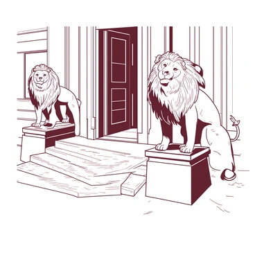 Two majestic lion statues are standing guard at the entrance of a grand building. The lions are detailed with strong muscular features, their manes flowing elegantly around their heads. Each lion is positioned on a solid pedestal, showcasing their powerful stance. The entrance of the building features large, wide stairs leading up to the door, and intricate architectural details are visible on the facade. The scene is set during daylight, allowing the sunlight to cast soft shadows around the statues.