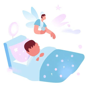 A small, delicate figure of the tooth fairy is hovering just above a child's bed. The fairy has shimmering wings and is gently placing a shiny coin under a soft pillow adorned with stars and moons. The room is dimly lit by a softly glowing nightlight, casting gentle shadows on the walls. A sleepy child is tucked under a colorful quilt, with their head resting peacefully on the pillow. There are small, magical sparkles surrounding the fairy, enhancing the enchanting atmosphere of the night.