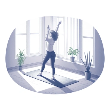 A person is practicing yoga on a mat placed on a wooden floor near a large window. The sunlight is streaming through the window, casting soft shadows on the floor. The individual is in a standing pose, with arms extended upwards, focusing on their breathing. The window features a simple design with sheer curtains that allow the light to filter in softly. There are a few indoor plants nearby, adding a touch of greenery to the scene.