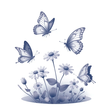 A group of butterflies with intricate wing patterns is fluttering around a garden filled with blooming flowers. The butterflies are delicately hovering above the flowers, showcasing their wings in various positions. The flowers in the garden have distinct shapes and textures, with some featuring large, open blooms while others are smaller and tightly closed. The scene captures the dynamic movement of the butterflies as they interact with the colorful flora, creating a lively atmosphere.