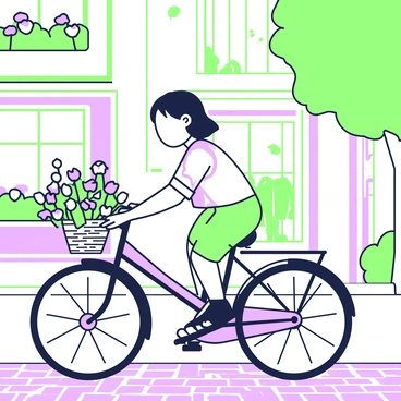 A child is riding an old-fashioned bicycle down a cobbled street. The bicycle features a large front wheel and a smaller rear wheel, with a wicker basket attached to the handlebars. The basket is overflowing with vibrant flowers, including daisies and tulips. The child is wearing a playful summer outfit with a short-sleeved shirt and shorts. The cobbled street is lined with quaint buildings, their windows adorned with flower boxes. Sunlight filters through the leaves of nearby trees, casting dappled shadows on the ground.