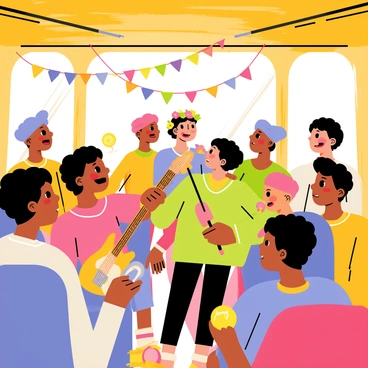 A vibrant bus filled with a diverse group of music festival attendees. Some individuals are holding colorful guitars, while others are playing tambourines and maracas. A person with a flower crown is animatedly singing, surrounded by friends enjoying the music. The interior of the bus is decorated with bright banners and streamers. Sunlight streams in through the windows, illuminating the joyful expressions on the attendees' faces as they share in the festive atmosphere together.