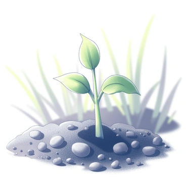 A small plant with delicate, green leaves emerging from rich, dark soil. The plant is centered in the image, showcasing its tender stem and vibrant foliage. Surrounding the plant is a scattering of small pebbles, highlighting the texture of the earth. The background features blurred hints of grass and larger plants, providing context to the growth. Sunlight streams down, creating a gentle illumination that emphasizes the freshness and vitality of the sprout.